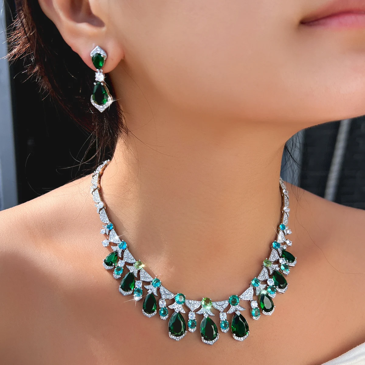 

CWWZircons винтажное блестящее зеленое ожерелье с кристаллами CZ, серьги, наборы для женщин, роскошные ювелирные изделия на годовщину свадьбы, праздничный подарок T1018