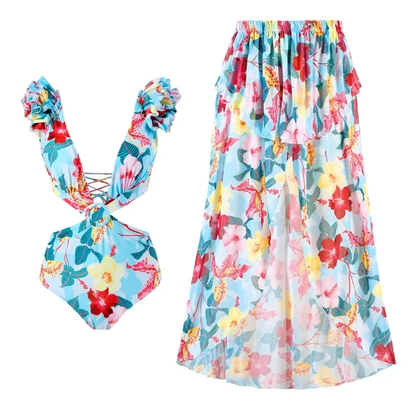 2025 New Fashion One-piece Swimsuit Women's Solid Color European and American Bow Mesh Skirt Swimsuit Set