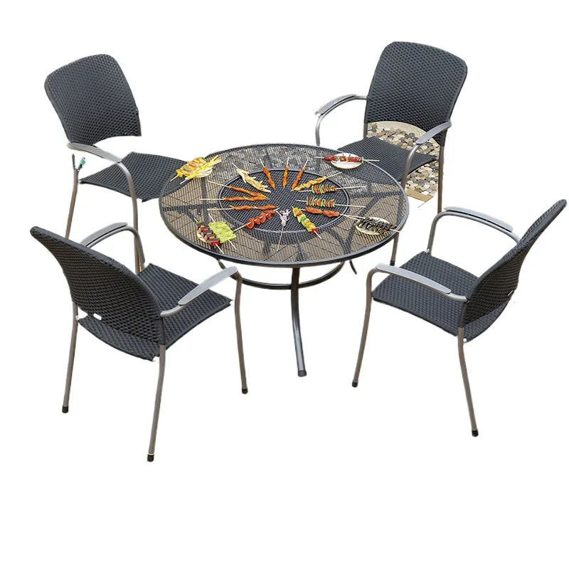 

Outdoor BBQ table and chair set Wrought iron commercial outdoor leisure charcoal grill patio table