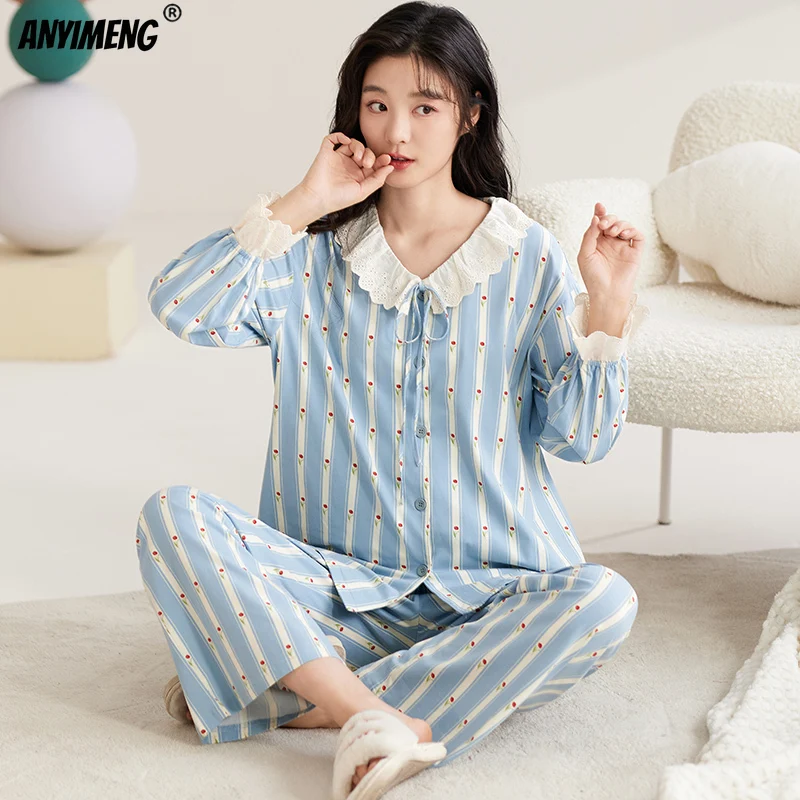 Women Pajama Autumn Winter New Princess Style Pijamas Lapel Soft Cotton Nightwear Long Sleeves Sleepwear Woman Sleepwear