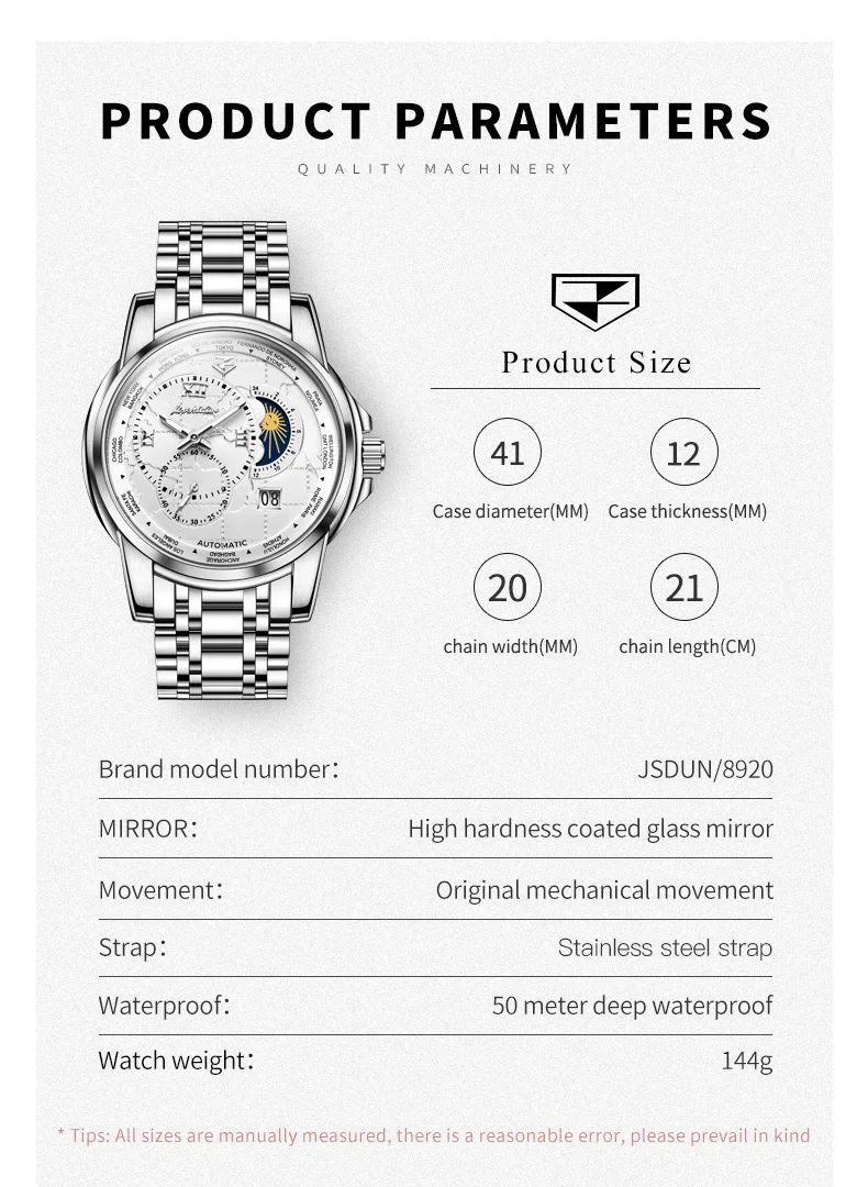 JSDUN New Best Selling Fashion Man Watch Calendar Moon Phase Automatic Mechanical Men\'s Watches Classic Trend Wrist Watch Men