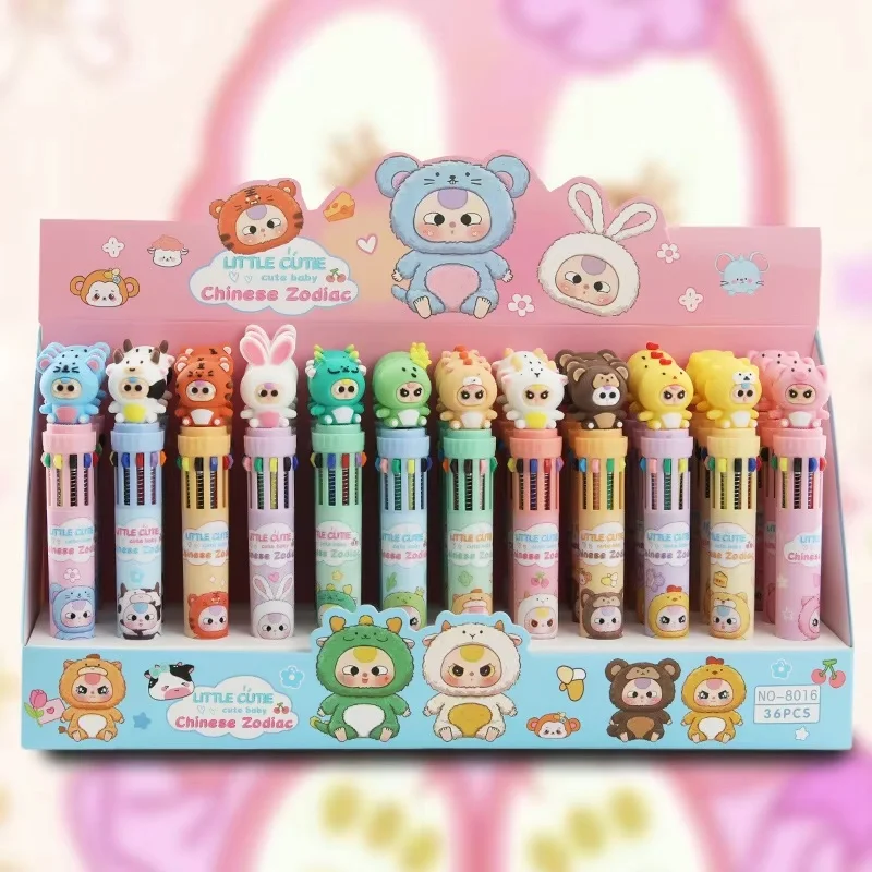 

36pcs Baby Three Ballpoint Pen Set 10 Colors Cartoon Design Soft Rubber 0.7mm Multicolor Pens For Students Learning Stationery