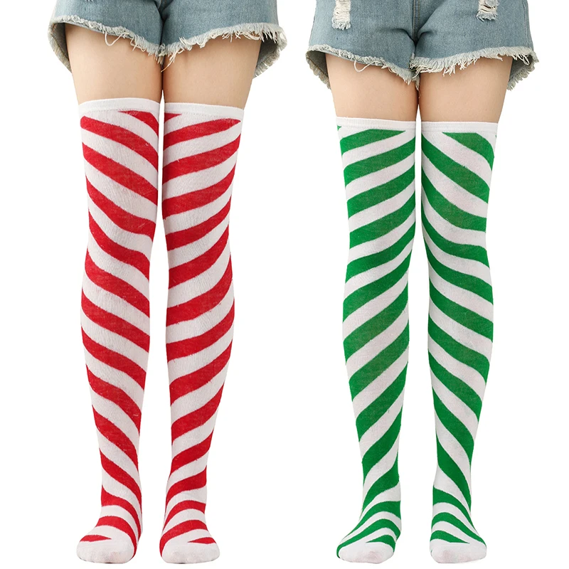 جوارب طويلة مخططة للكريسماس ، جوارب عالية الفخذ في الركبة ، فتيات المدارس ، زي هالوين موحد ، إكسسوارات تأثيري ، جديد