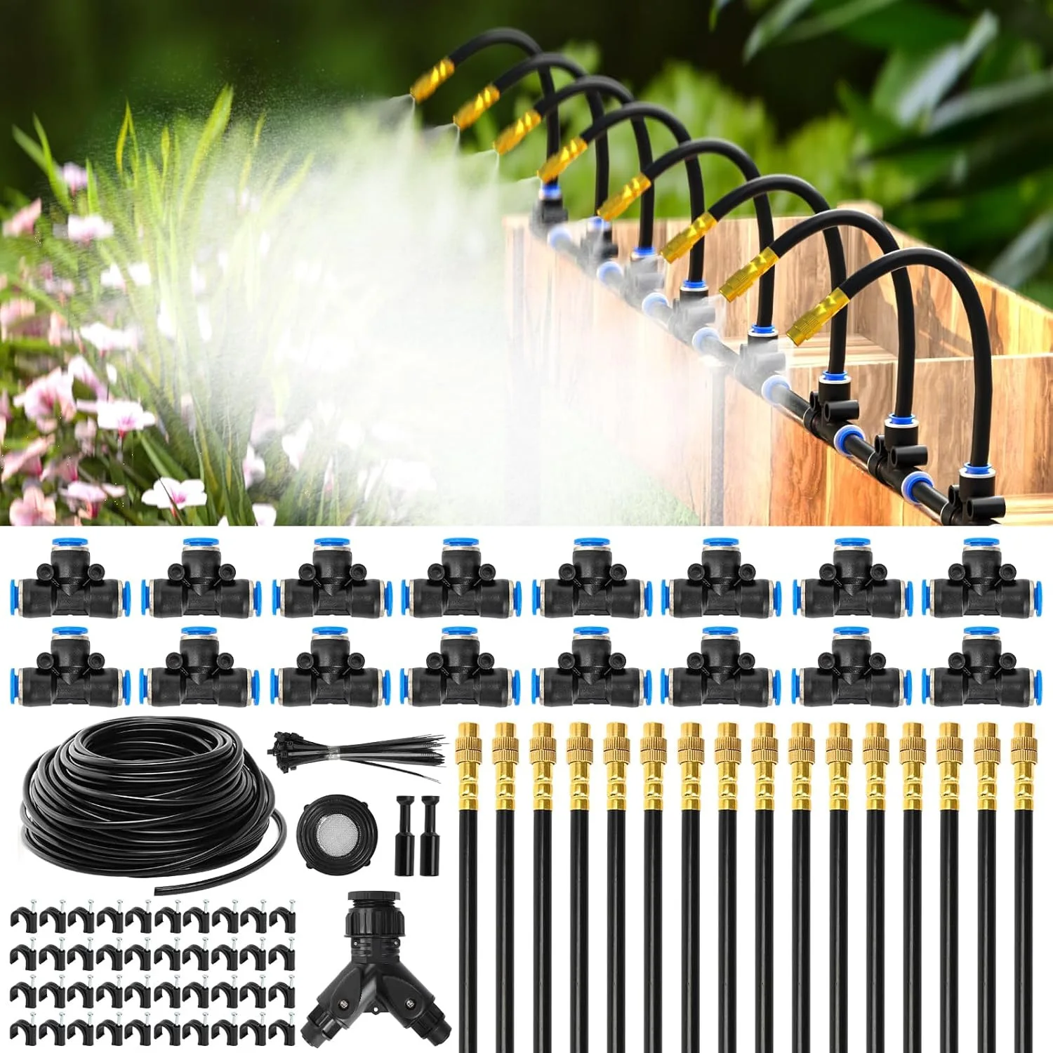 60M DIY Free Bending Universal Sprayer Kit 6mm Hose Patio Misting Cooling System for Garden Plant Fogging Watering Irrigation