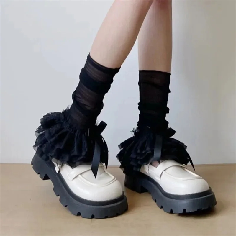 Lace Leg Warmers Women Cute Bows Layered Ruffle Boot Cover Cuffs Y12K Aesthetic Long Socks Japanese Lolita Gothic
