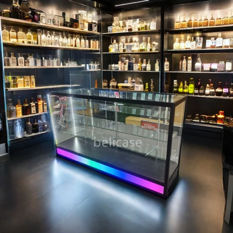 Custom, smoke shop fixture decor glass display with LED light full display show for Smoke Shop store