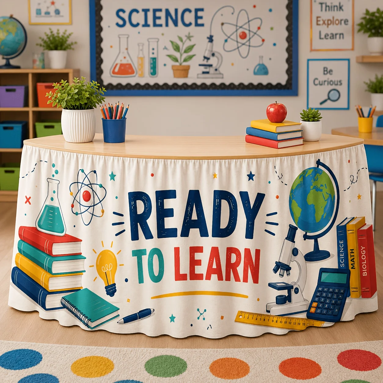 One tablecloth and table skirt, a science-themed table skirt, ready for learning, microscope, globe, beaker, atom, books