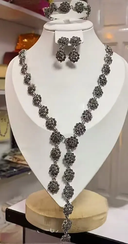 Vintage Gunmetal Black Rhinestone Ball Jewelry Set Tassel Y Necklace Bracelet Earrings for African Women Wedding Party
