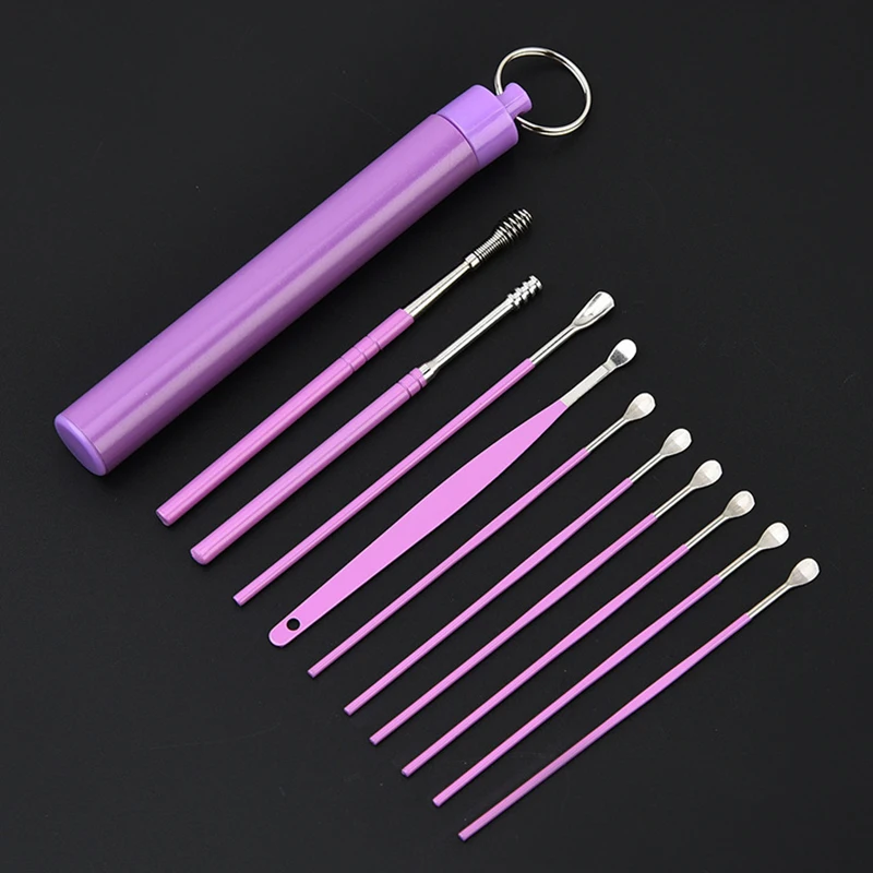 Aço inoxidável Ear Cleaner, Reutilizável Ear Cleaning Tool, Earwax Remoção, Removedor de cera, Colher de Primavera, Ear Pick, Cleanser Care, 10Pcs Set