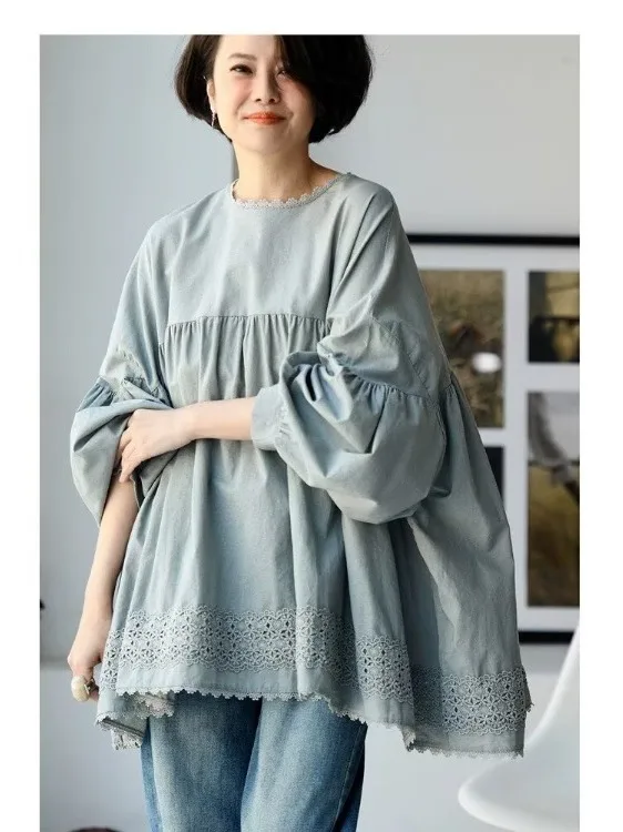 

Модная однотонная женская блузка оверсайз с вышивкой и рукавами-фонариками, круглым вырезом, осенняя, изо льна, повседневная одежда