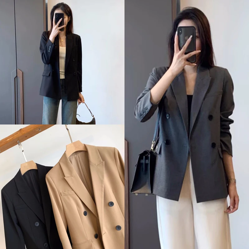 

Классический модный шерстяной костюм для похудения с двойными рядами пуговиц Ele и Sli, ранняя осень, высокая цена, коровья г...