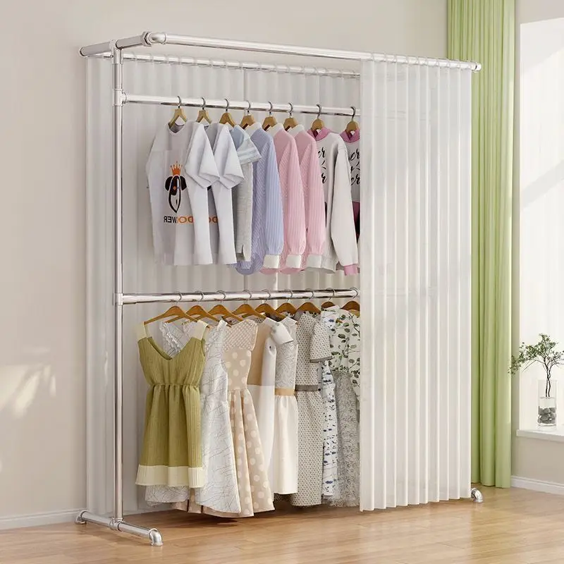 Galvanized thickened steel pipe drying rack floor standing indoor new bedroom balcony simple curtain double-layer hanging hanger