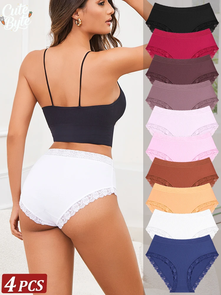 4PCS/SET Sexy Cotton Lace Panty Women Low Waist Panties Underwear S-XXL Solid Color Ladies Briefs Lingerie Underwear Comfortable