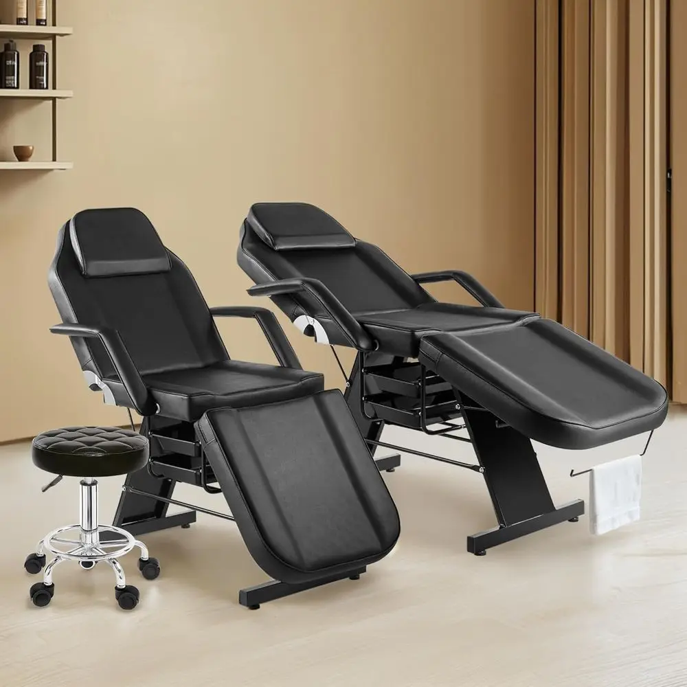 Adjustable Tattoo Chair, Esthetician Facial Bed with Hydraulic Stool, Lash Massage Table with Dual Tray, Multi-Position Black La