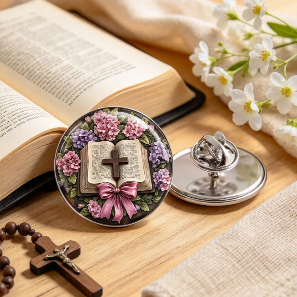 6-20Pcs 2D Flat Christian Bible Cross Lapel Pin, Floral Decor Religious Stainless Steel Brooch Rustproof Scratch Resistant Badge