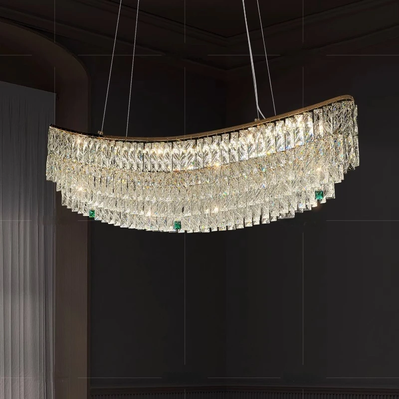 

Minimalist Crystal led Chandelier. This dimmable lamp focuses on clean, kinetic form. Its hypnotic movement provides a subtle