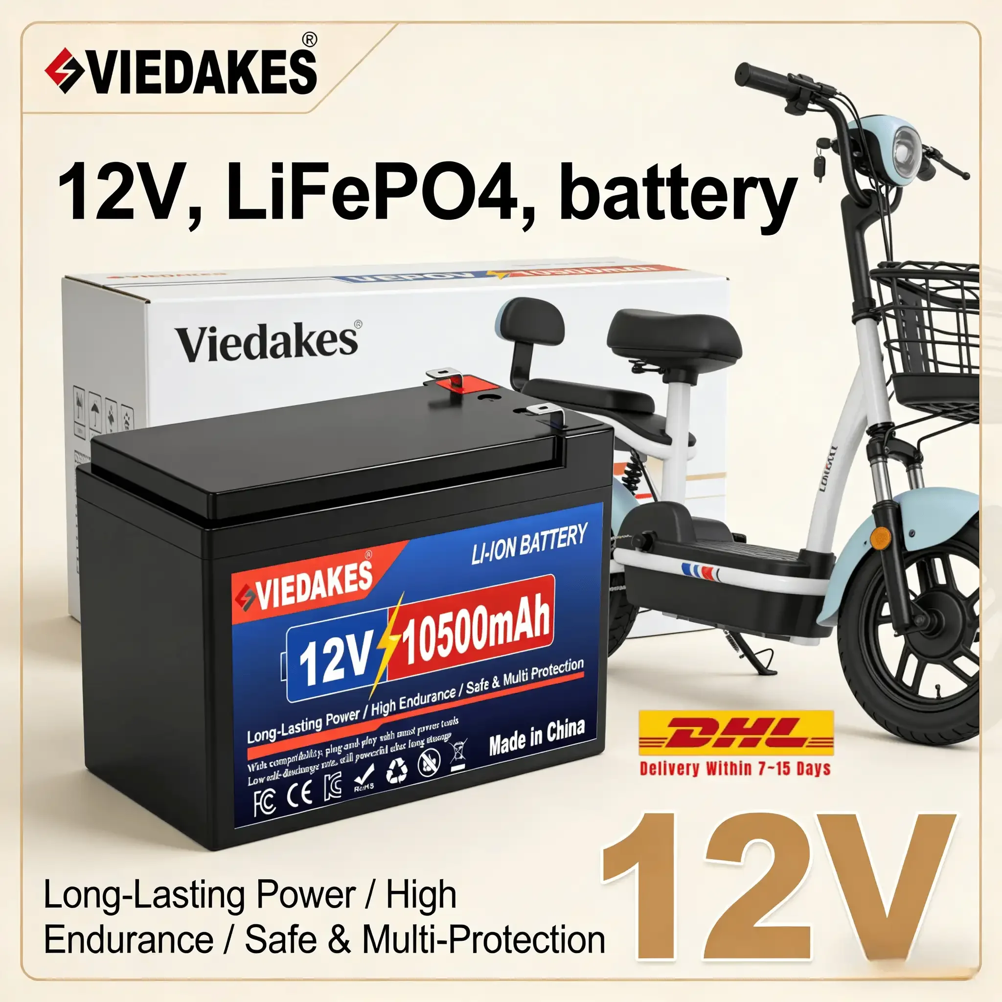

VIEDAKES 12V LiFePO4 Battery 3S7P 10.5Ah 100% Real Capacity バッテリー with Charger & Wires for Fishing Camping LED