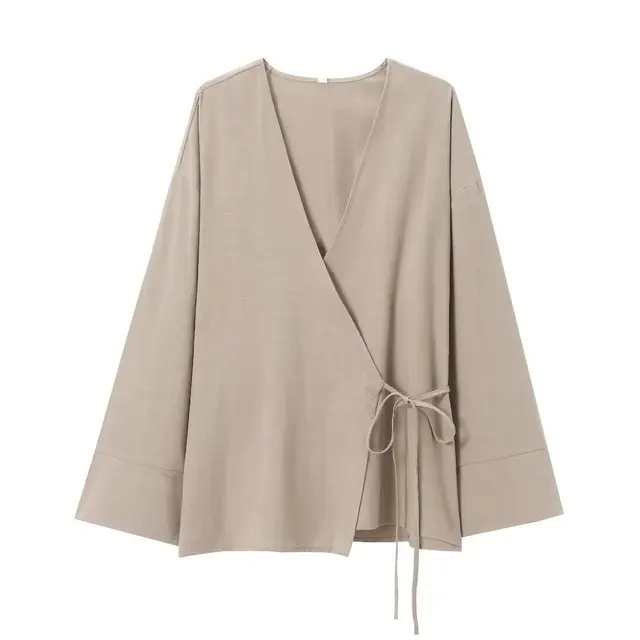 Lente En Herfst Losse Shirts Nieuwe Dames Getextureerde Kimono Stijl V-Hals Tuniek Multicolor Effen Kleur Eenvoudige Casual Jas