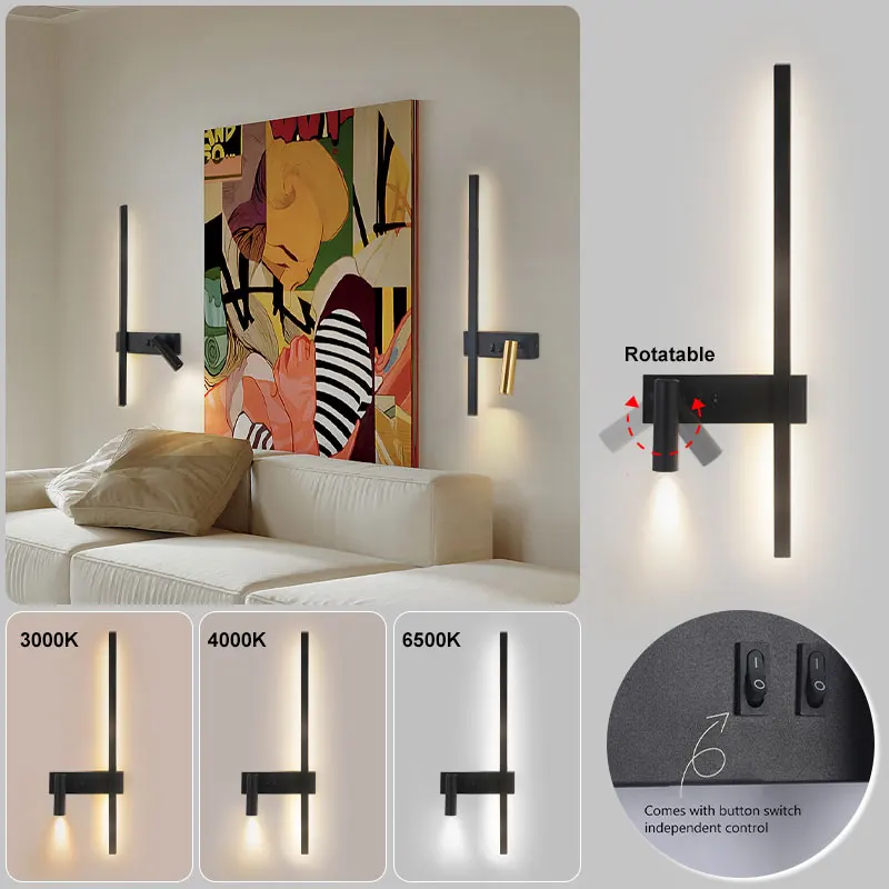 Indoor Bedroom LED Wall Lamps with Rotatable Spotlight & Independant ON/OFF Switch Hard-wired LED Reading Lighitng Wall Lights