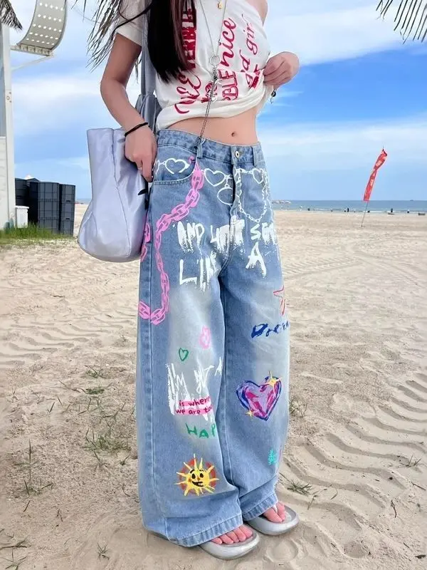 

Уличная одежда, винтажные мешковатые женские джинсы с принтом граффити Y2k, джинсовые брюки в стиле хип-хоп в стиле Харадзюку, японские брюки больших размеров 2000-х годов, одежда