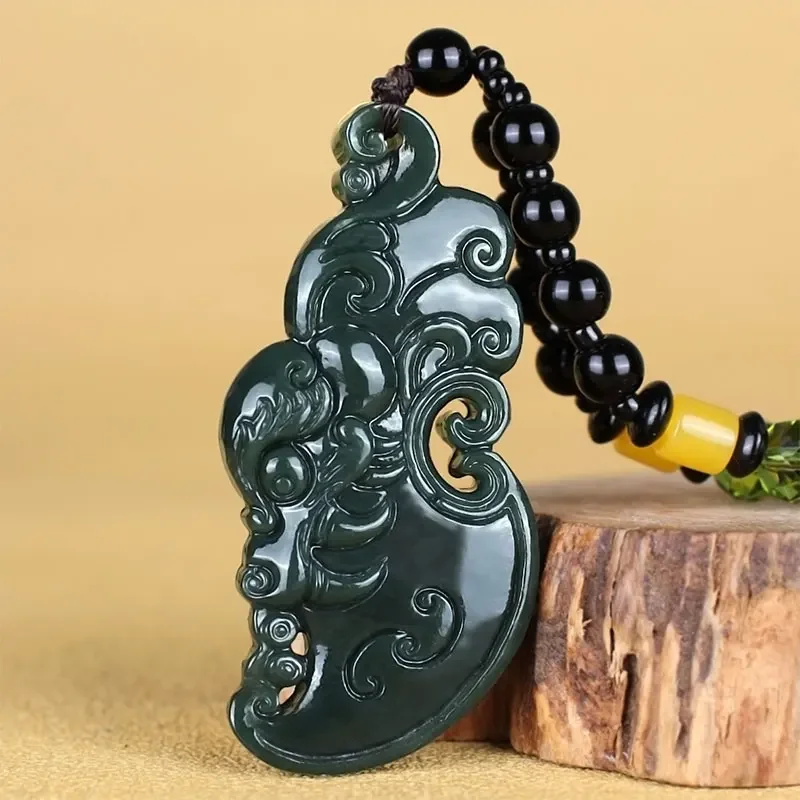 Natural black green jade pendant hollow handcarved dragon green necklace jadeite jade jewelry necklaces for women men