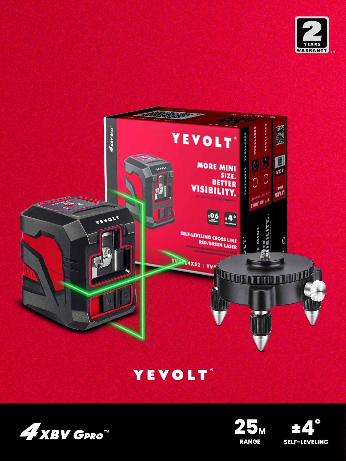 YEVOLT YVGLL4XS2-b Cross Line Green Laser Level Kit 2-Line Rotating Base High Precision Professional Self-leveling Machine Tools