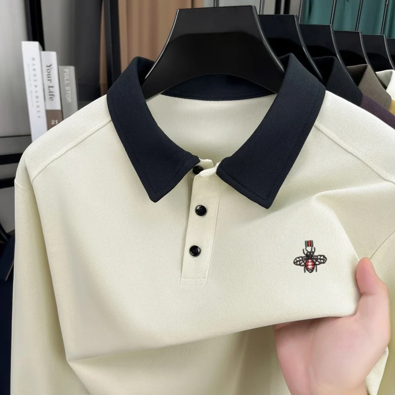 Polo de manga larga bordado con abeja a la moda camiseta ligera y cómoda de marca de diseñador de alta gama para hombre nuevo top informal de negocios