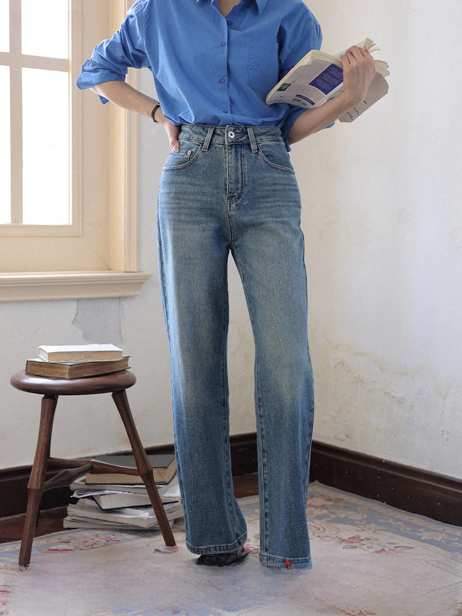 

MUNNS прямые широкие джинсы с высокой талией, женские осенне-зимние винтажные джинсовые брюки с завышенной талией, утягивающие универсальные длинные брюки