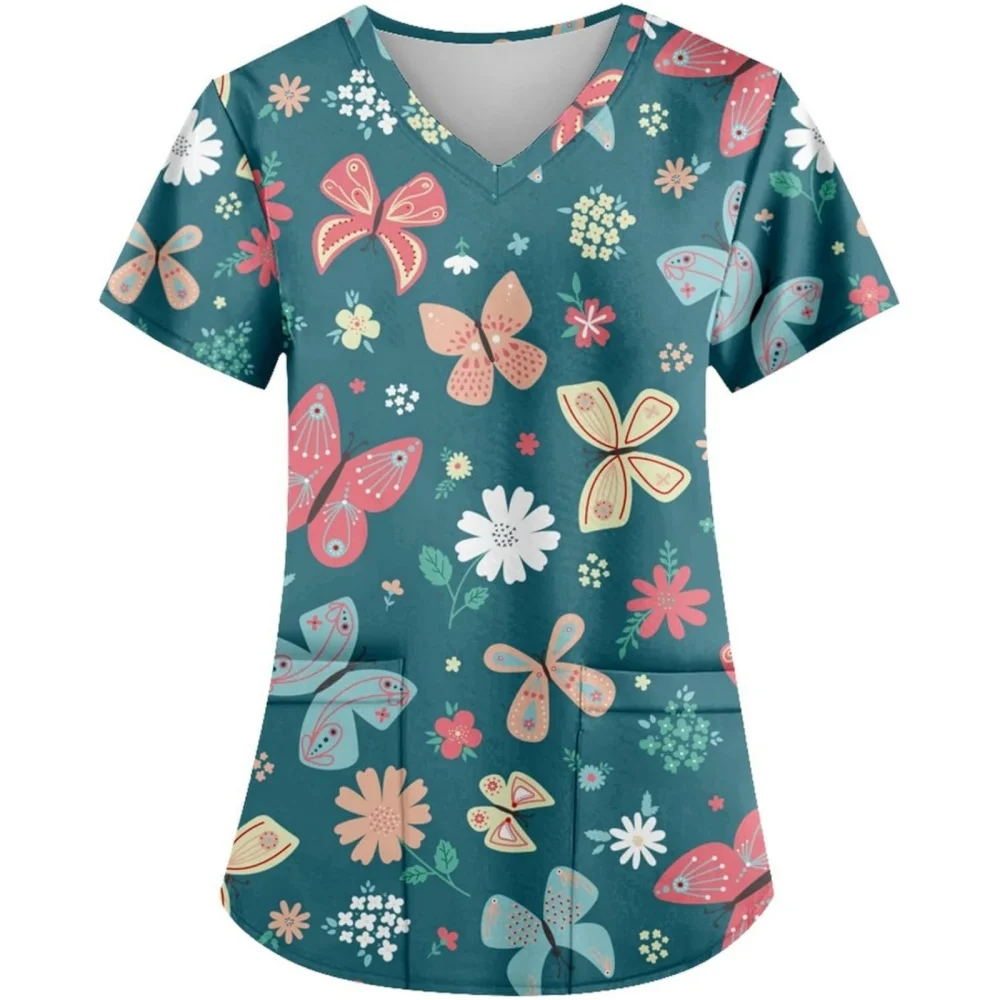 Uniforme d'infirmière pour femme, motif papillon, col en V 3D, poche médicale, dessin animé, soins infirmiers, vêtements de travail à manches courtes