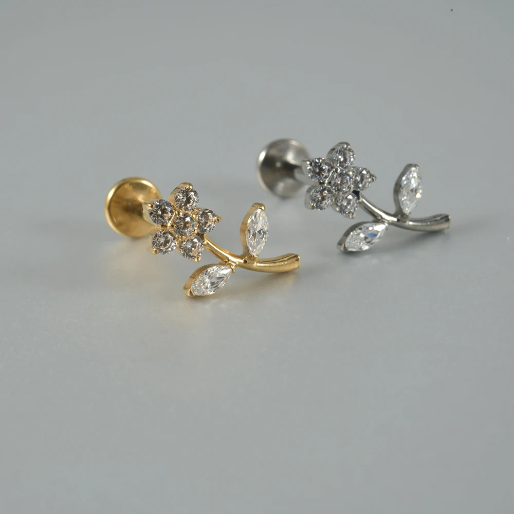 Opal Flower Cartilage Earrings, Solid Titanium