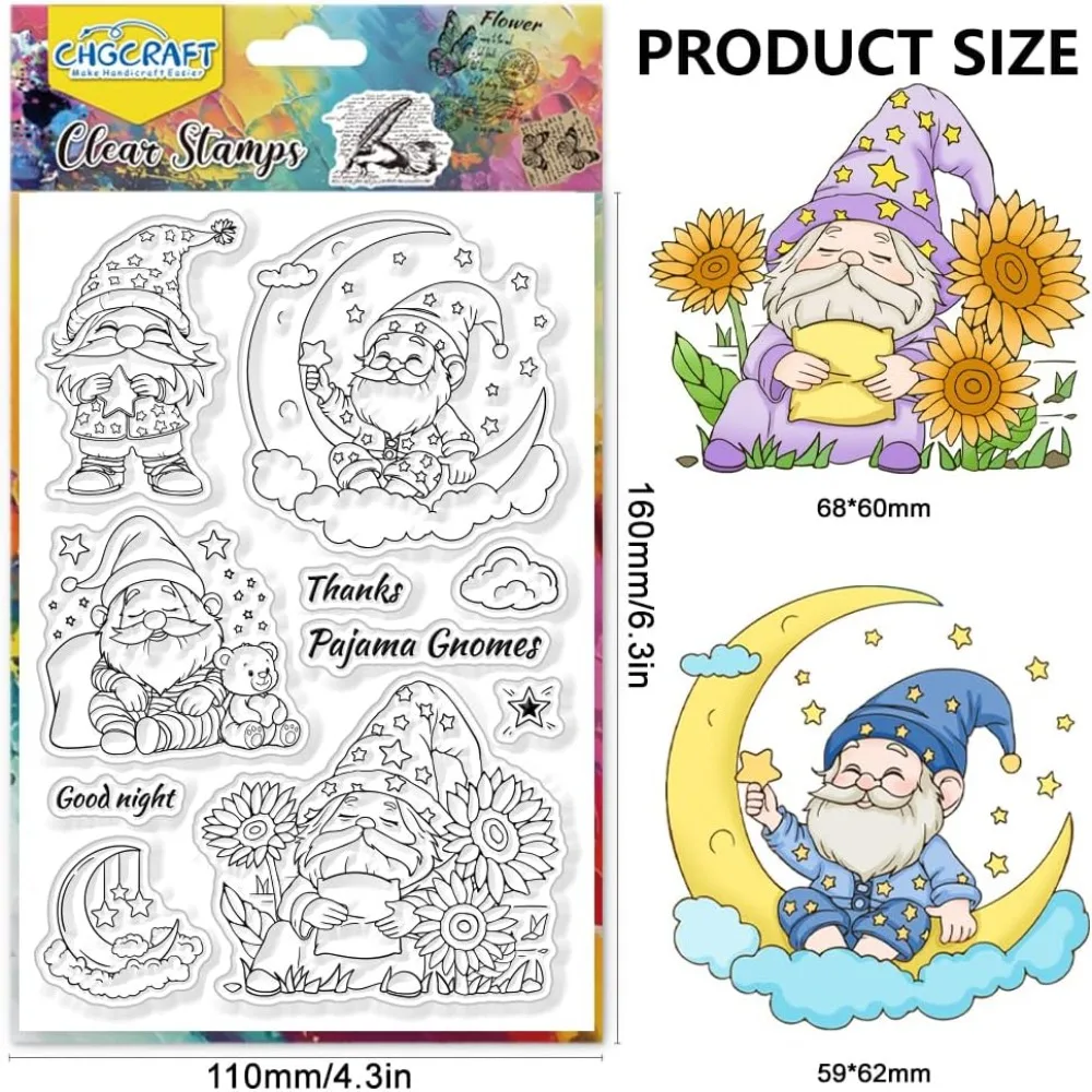 Pyjama Gnomes Clear Stamp Sunflower Moon Star Transparent Stamps for DIY Scrapbooking Photo Album Decorative Cards