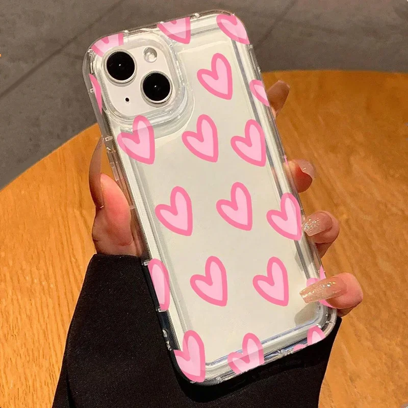 

Cute Graffiti Pink Heart Print Clear Phone Case For iPhone 17 16 15 14 13 12 11 pro max Minimalist Hand Drawn Love Pattern Cover