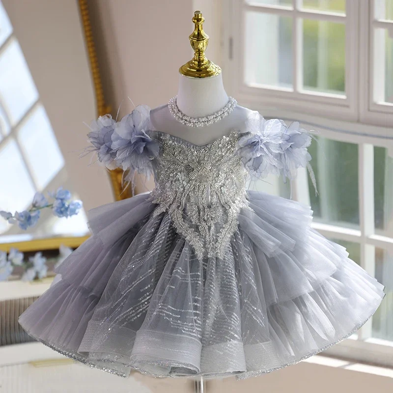 Maßgefertigtes Graues Pailletten-Tüll 3D Blumenmädchenkleid Hochzeitskleid für Erstes Weihnachten Kinder Geburtstagsparty Prinzessinnen-Outfit