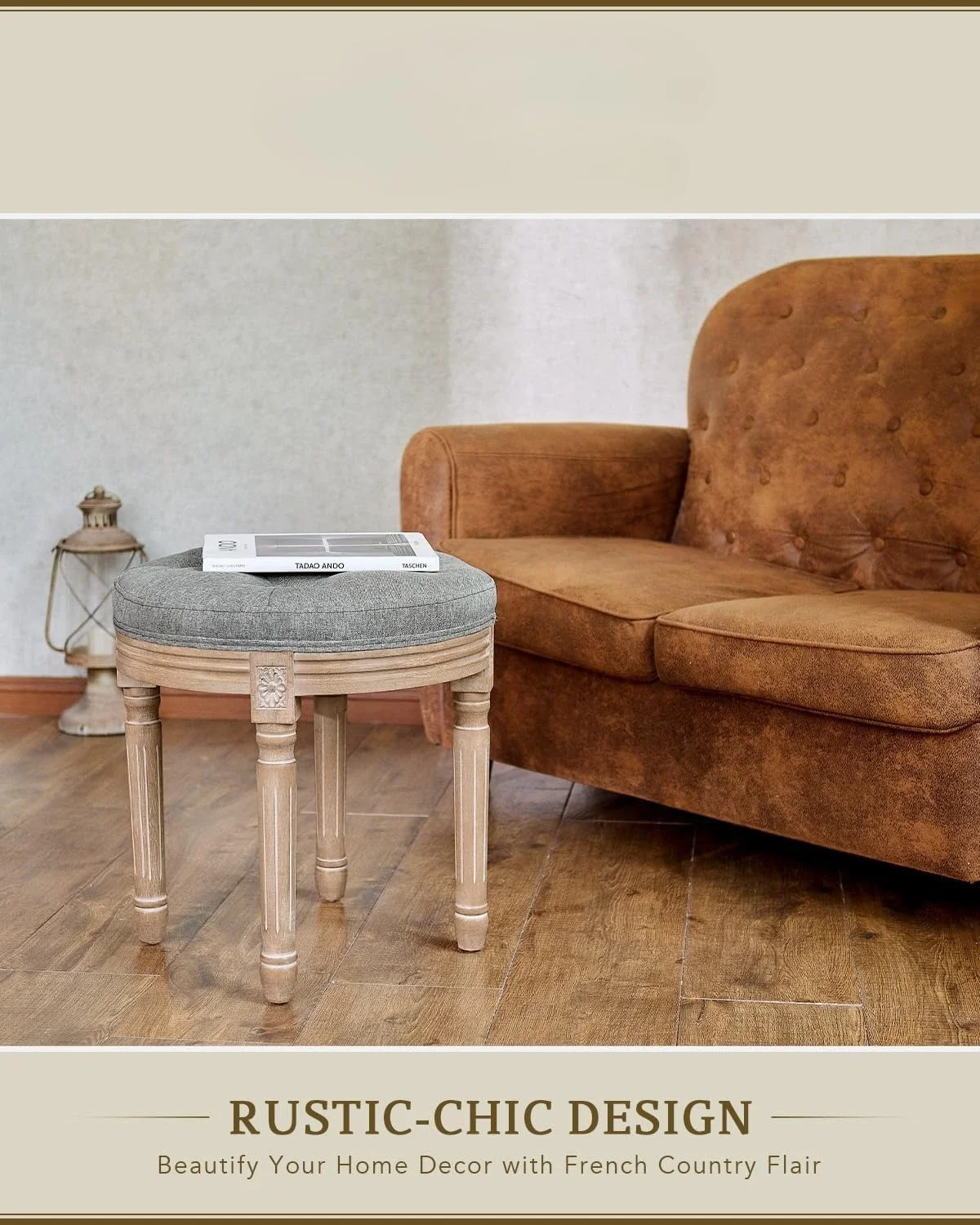 

Ottoman Vanity Stool, French Vintage Small Ottoman Stool with Cushion and Wood Frame, 18" Round Tufted Upholstered Stool, Gray