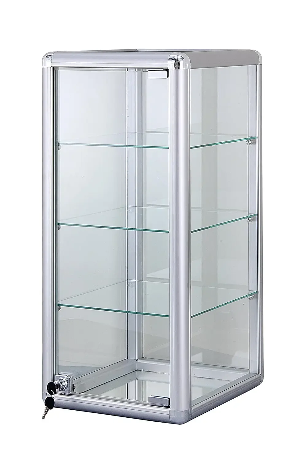 Silver Showcase Elegant Silver Anodized Aluminum Vertical Display Case Table Top Tempered Glass Show Case.