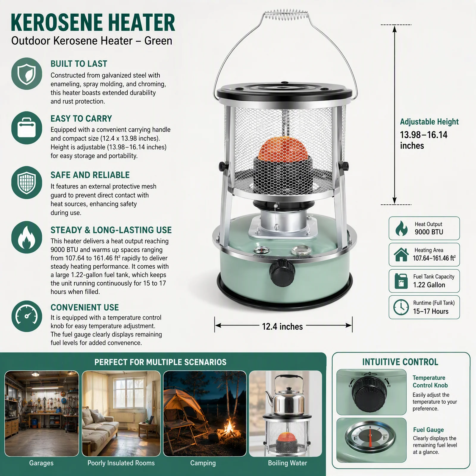 Outdoor Camping Kerosene Heater Portable 9000BTU 2600W, Adjustable Height 13.98-16.14in with 1.22Gal Tank 15-17Hrs Continuous Heating, Indoor Emergency & Garage Use