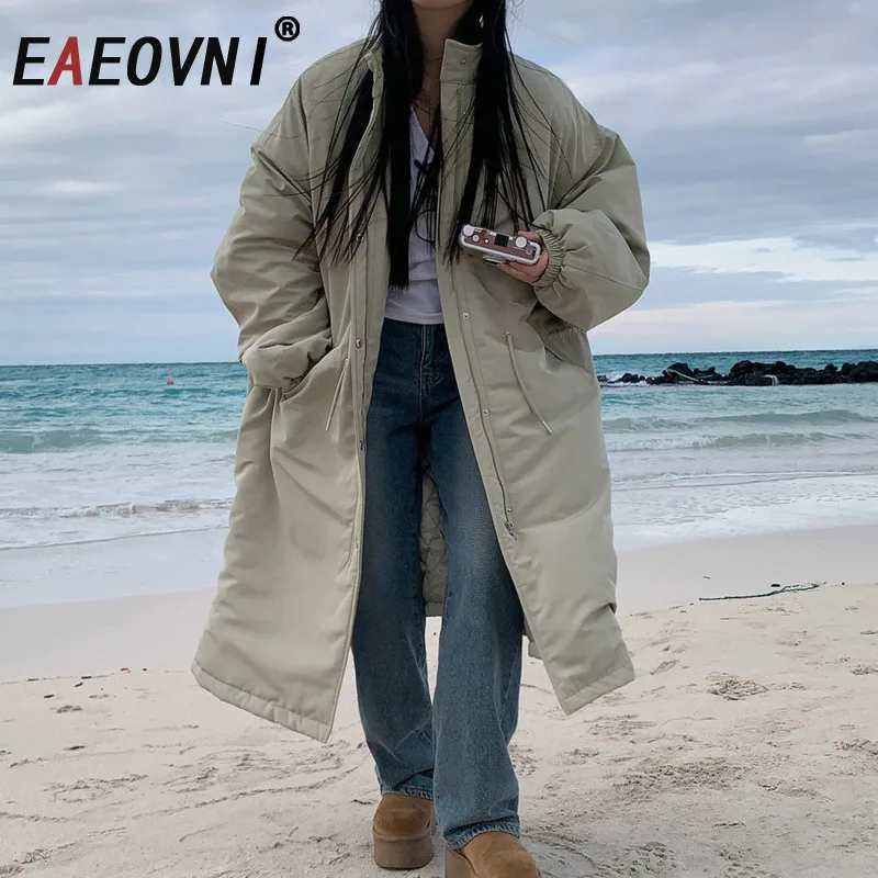 

EAEOVNI зимнее длинное хлопковое пальто женское модное свободное теплое пальто с воротником-стойкой и пуговицами на шнурке повседневная одежда