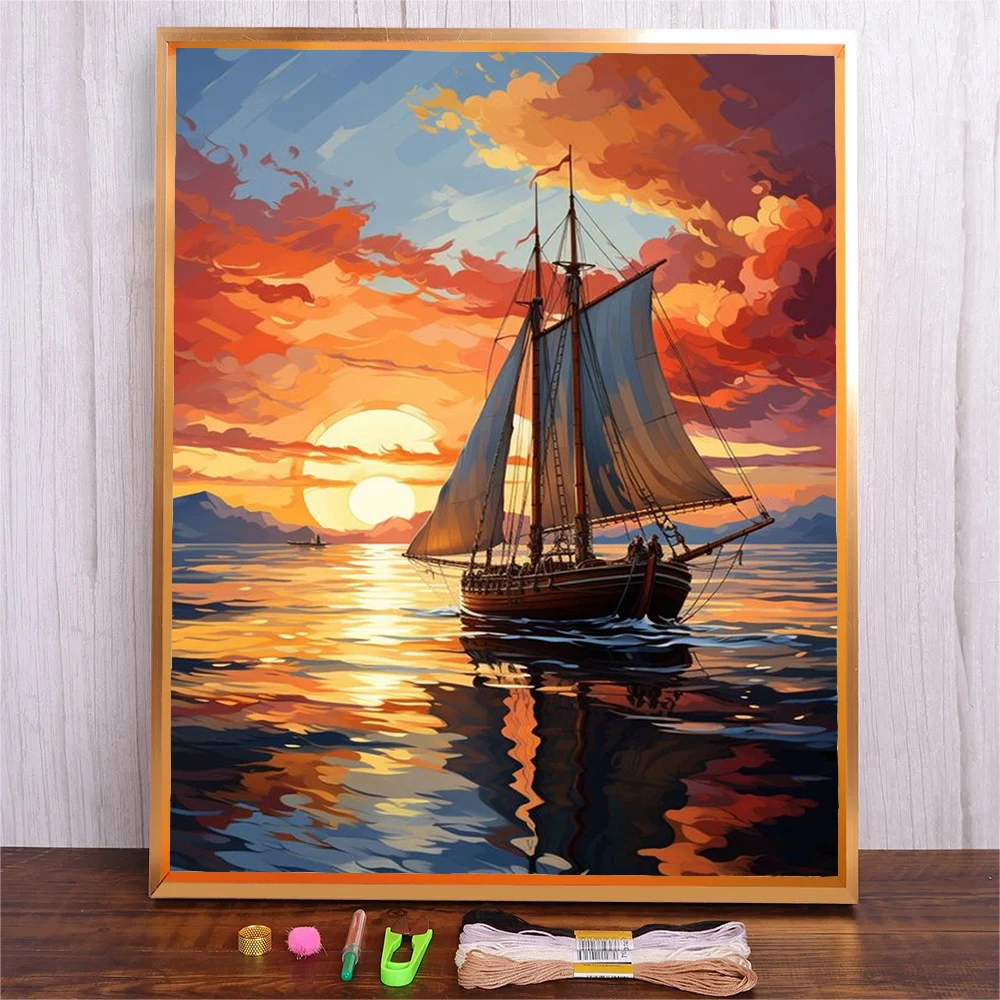 

Embroidery Starter Kit With Patterns DIY Adult Beginner Cross Stitch Sunset Seascape Handicraft Art Picture Wall Home Decoration