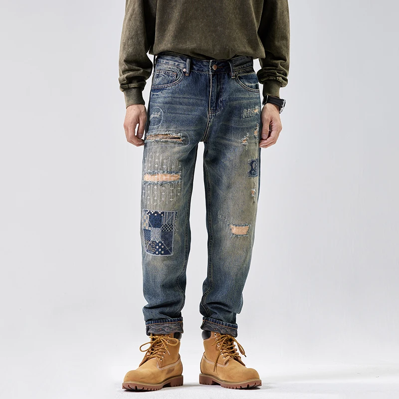 

Baggy Jeans Vintage Distressed Patchwork Jeans Men's Straight Loose High Street Hip-hop Long Pants Men's Clothing Jeans for Man