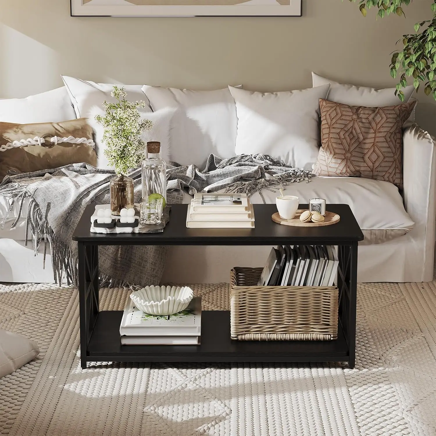 2-Tier Coffee Tables For Living Room, Center Table With Storage Shelf, Farmhouse Style Tea Table With X-Shaped Sturdy Frame,