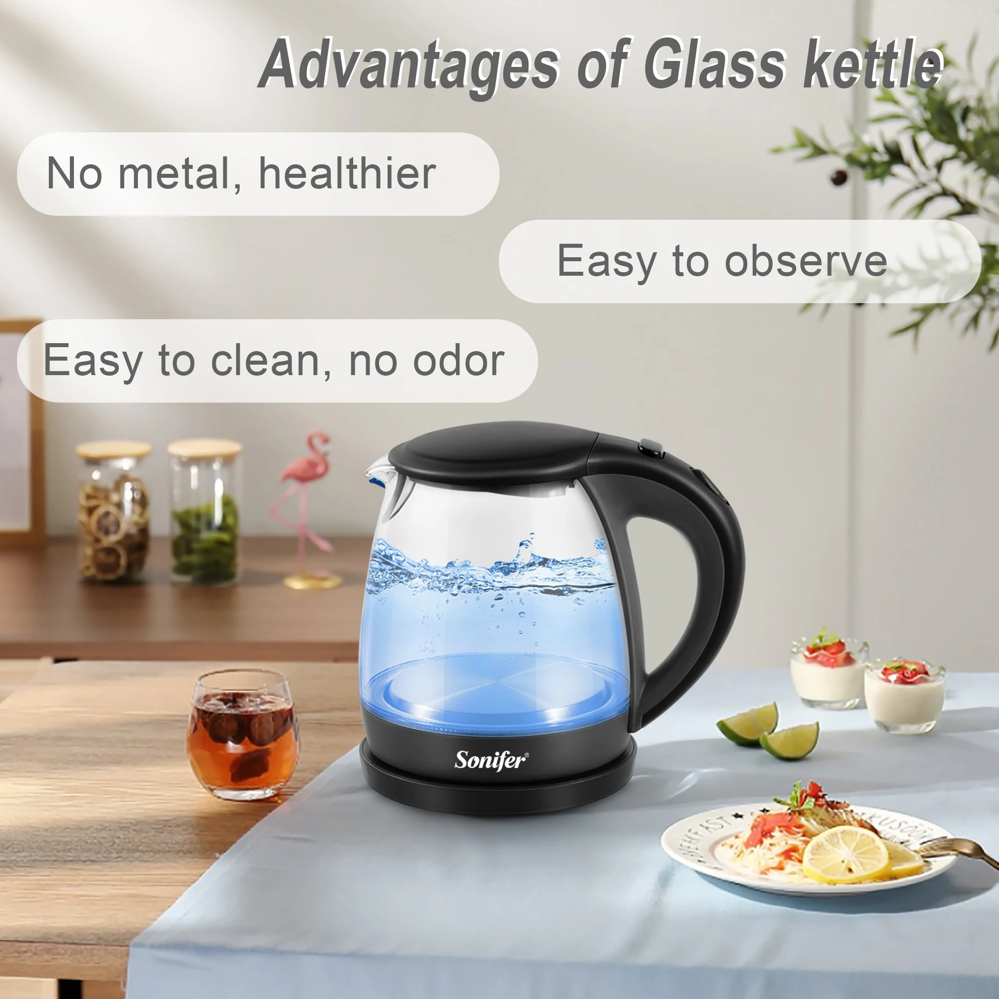 1L Glass Health Preserving Pot Electric Kettle with Led Lighting 2200W Quick Boiling Water Auto Shutdown Without BPA Sonifer