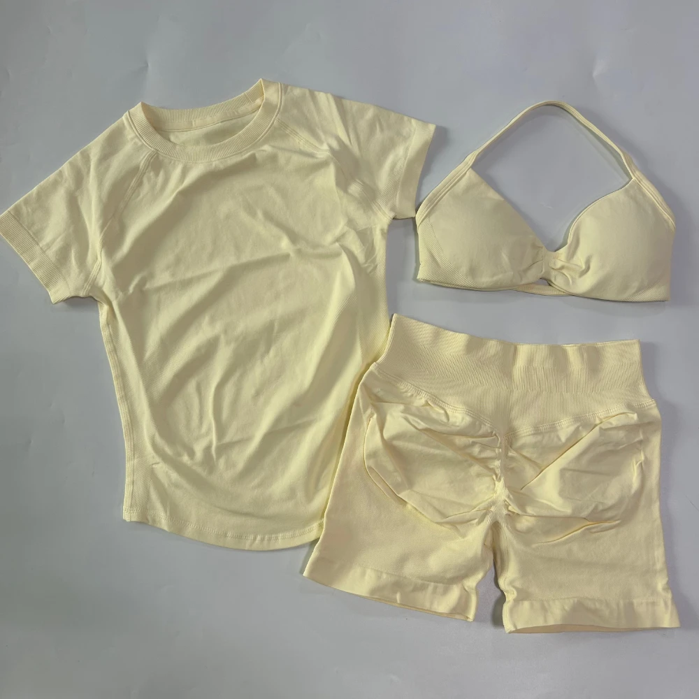 3-teiliges Workout-Set für Damen: Sport-BH mit Trägern + Sport-Top mit langen Ärmeln + Yoga-Shorts, Sportanzug, Yoga-Kleidung, Fitness-Outfit – Detail 25