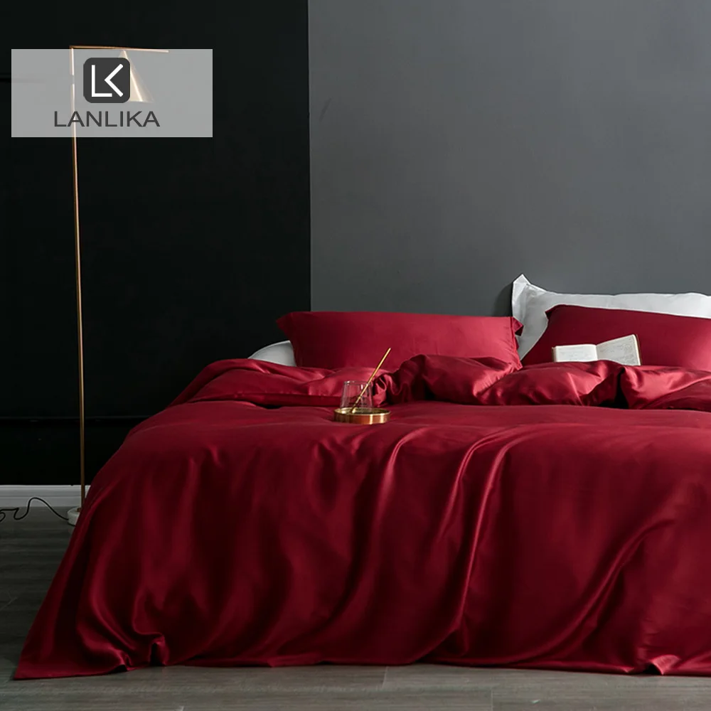 Lanlika Women 100% Silk Noble Red Bedding Set Double Queen King  Duvet Cover Flat Sheet Bed Linen Pillowcase For Sleep Gift