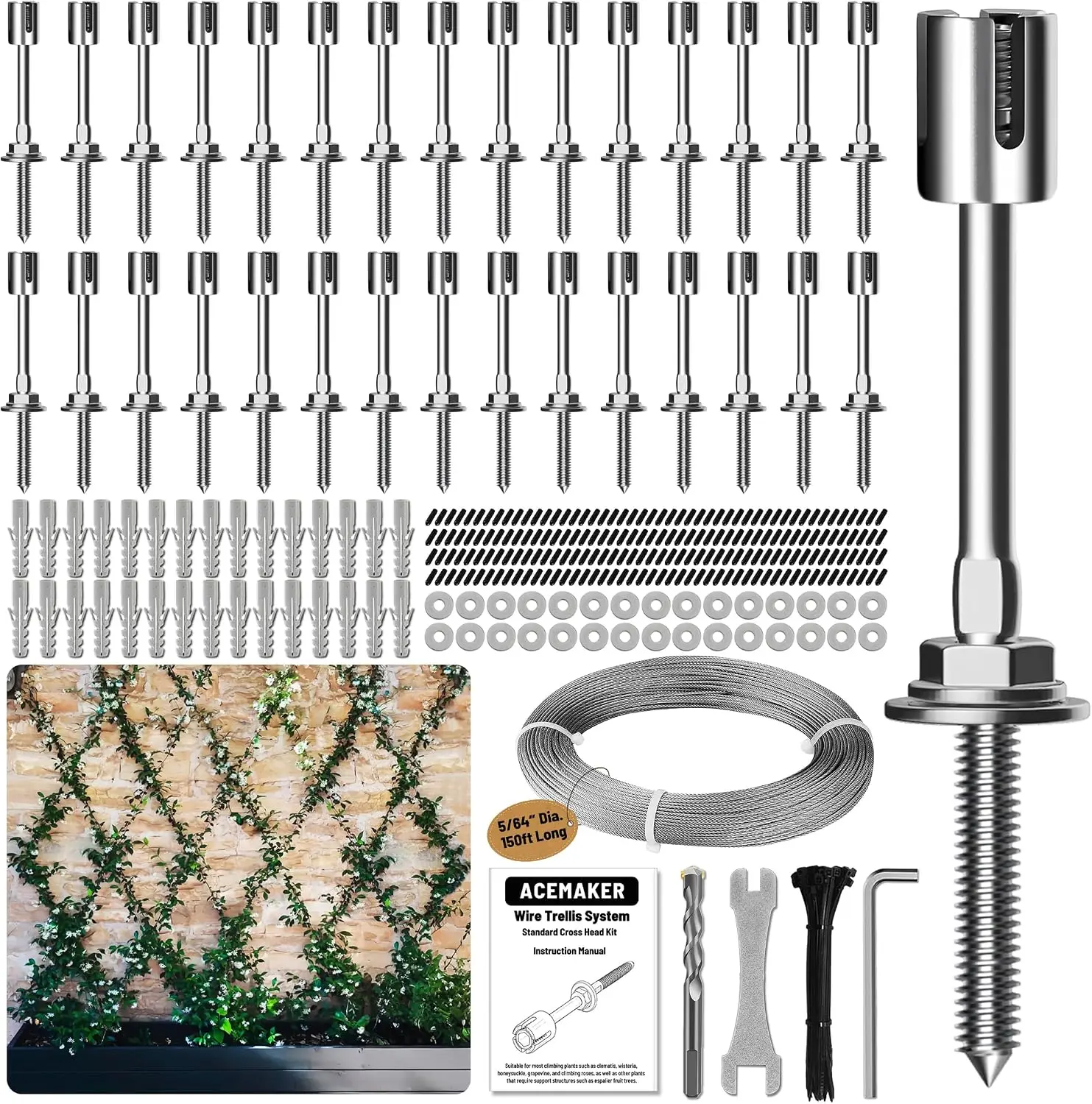 Wire Trellis Kit, 30-Set 5/64”(2mm) Crosshead Kit with 150ft Cable | T316 Marine Grade Stainless Steel, Wall-Mounted Cable Trellis for Climbing Plants Outdoor, Garden Fence Espalier System