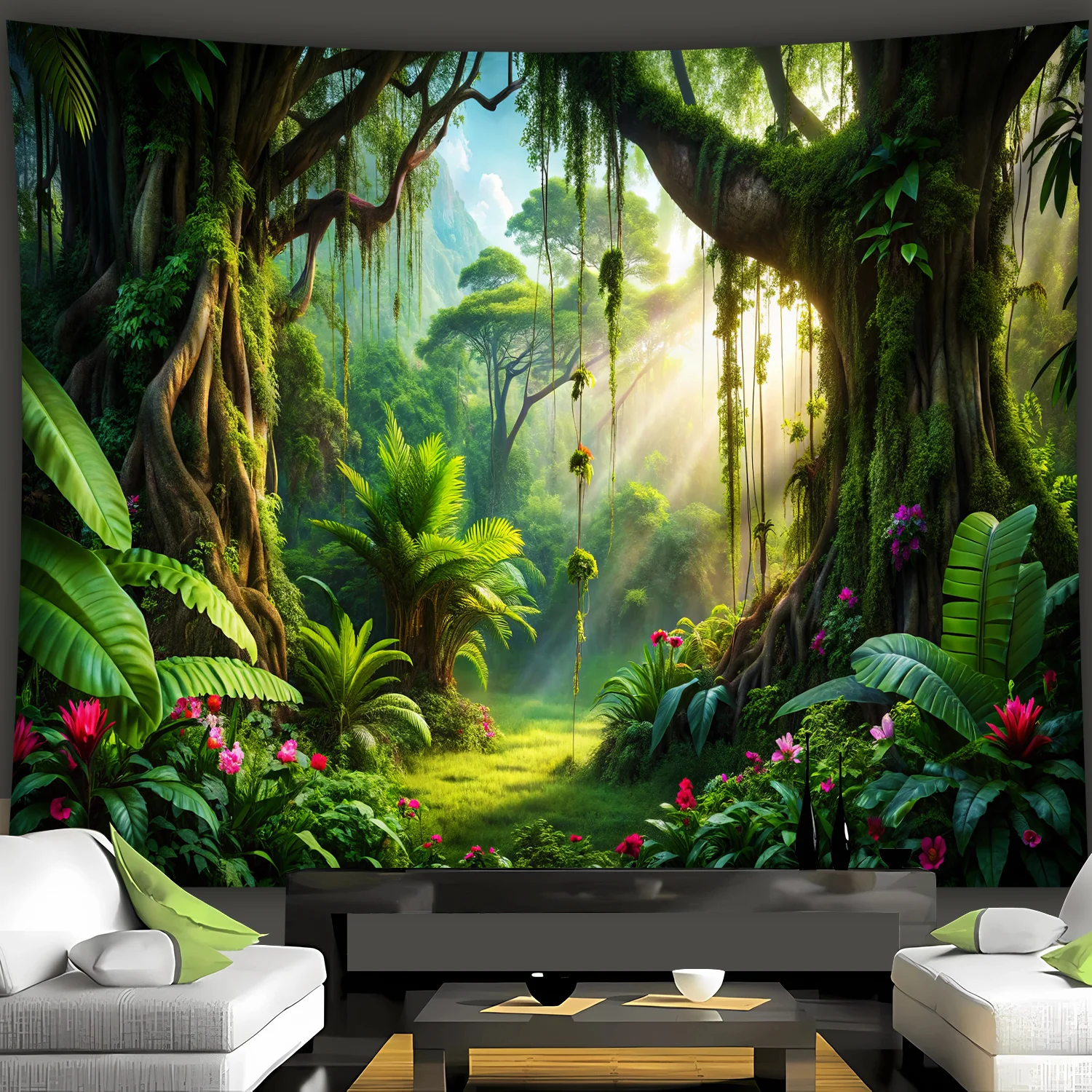 Lush Jungle Forest Sunlight Tapestry NatureScenery Wall DecorTropical Plants Greenery Indoor GardenAmbiance Relaxing Environment