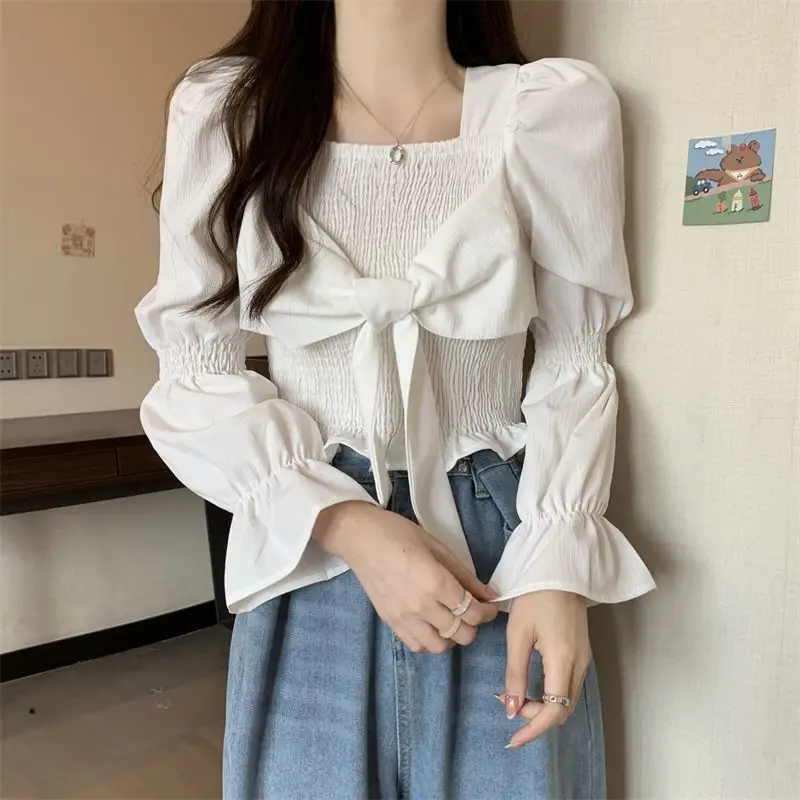 Women\'s Square Collar Long Sleeve Shirts, Elegant Slim Tops, Monochromatic Bow Pleated, Casual Clothes, New Style Fashion