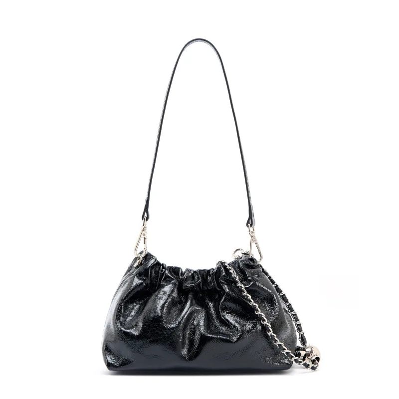 Genuine Oil Wax Leather Cloud Shoulder Bag Women Adjustable Ball Chain Crossbody Bag Vintage Ruched Underarm Handbag