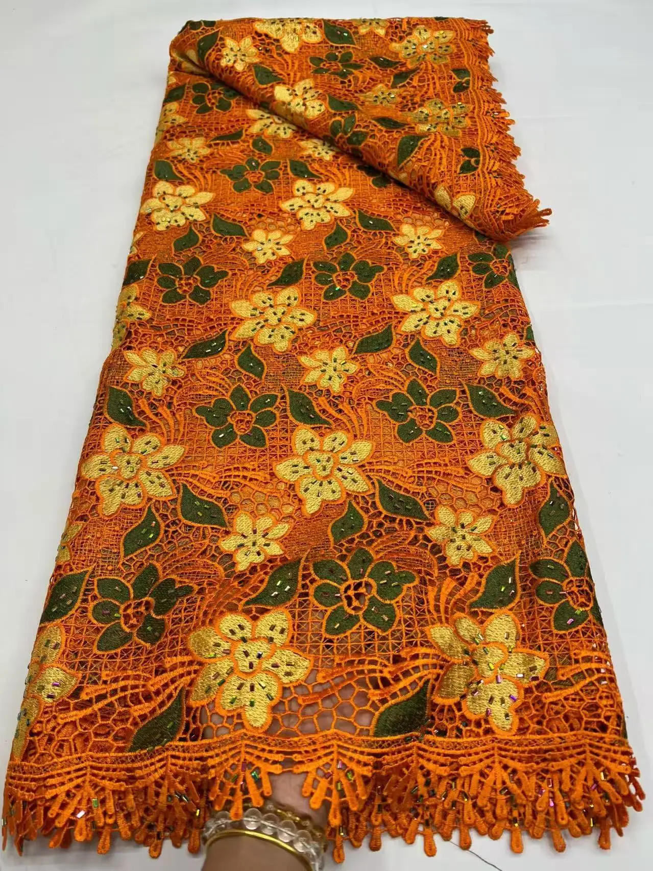 African Guipure Cord Lace Stones Cotton Embroidered Traditional Inspired Women's Garment Water Soluble Fabric Occasional Wear
