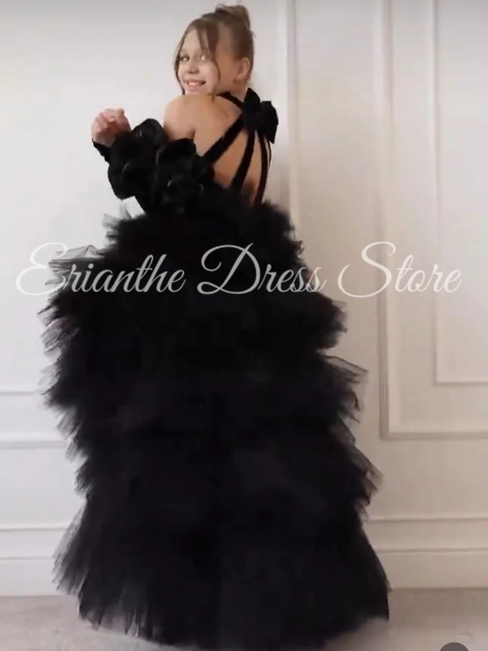 Robe de demoiselle d'honneur en velours noir, personnalisée, superposée, pour mariage, bouffante, sans manches, fête d'anniversaire pour enfants, robes de bal de première Communion