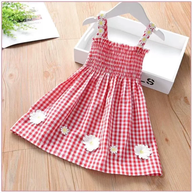 New Summer Dress Simple Checkered Girl Clothes Versatile Trendy Exquisite Dress for Girl Princess Retro Strap Skirt 아동복 2025